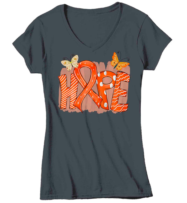 Women's V-Neck Orange Ribbon Shirt Hope Leukemia MS T Shirt Cancer Tee Cute Ribbon Shirt Multiple Sclerosis RDS Awareness Ladies VNeck-Shirts By Sarah
