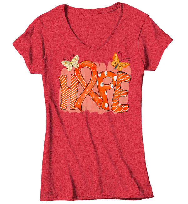 Women's V-Neck Orange Ribbon Shirt Hope Leukemia MS T Shirt Cancer Tee Cute Ribbon Shirt Multiple Sclerosis RDS Awareness Ladies VNeck-Shirts By Sarah