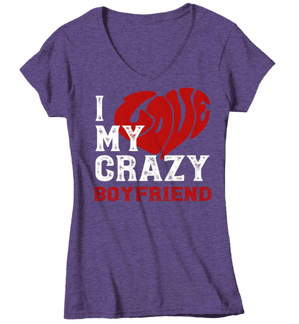 Women's V-Neck Valentines Day T Shirt Valentine's Day Boyfriend Shirts Love My Crazy Boyfriend Matching Valentines TShirt Couples Shirts-Shirts By Sarah