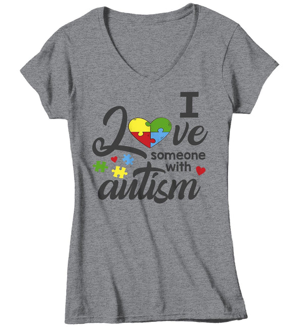 Women's V-Neck Autism T Shirt Love Someone With Autism Shirt Heart Puzzle Love Autism T Shirt Autism Awareness Shirt-Shirts By Sarah