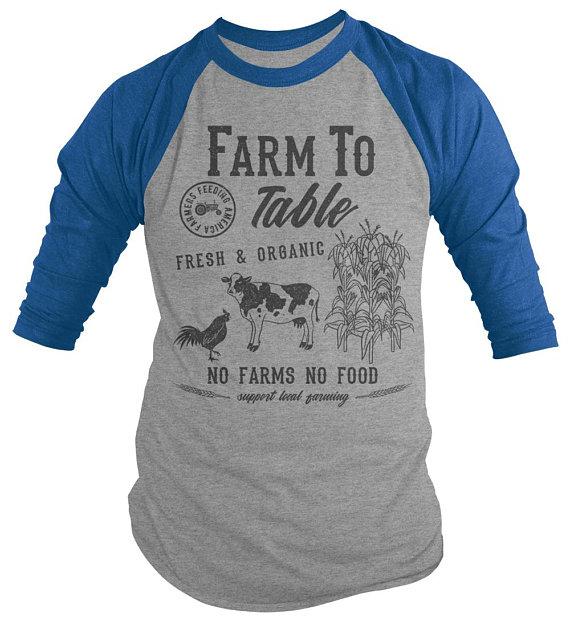Men's Farm To Table T-Shirt Farmers Cow Chicken Corn Farming 3/4 Sleeve Raglan-Shirts By Sarah