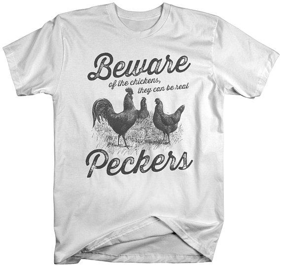 Men's Funny Vintage Chicken T-Shirt Beware Chickens Peckers Shirt Farming Tee-Shirts By Sarah