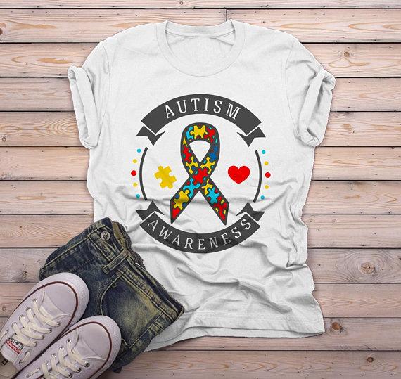 Men's Autism Awareness Shirt Puzzle Ribbon Autism Shirt Heart Support Tee-Shirts By Sarah