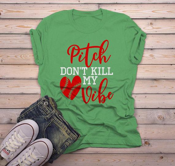 Men's Funny Baseball T Shirt Pitch Don't Kill My Vibe Shirt Pitcher Shirts Heart Tee-Shirts By Sarah