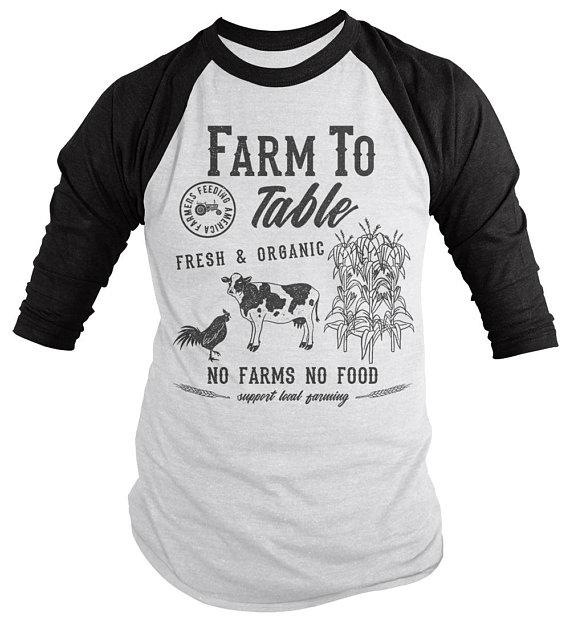 Men's Farm To Table T-Shirt Farmers Cow Chicken Corn Farming 3/4 Sleeve Raglan-Shirts By Sarah