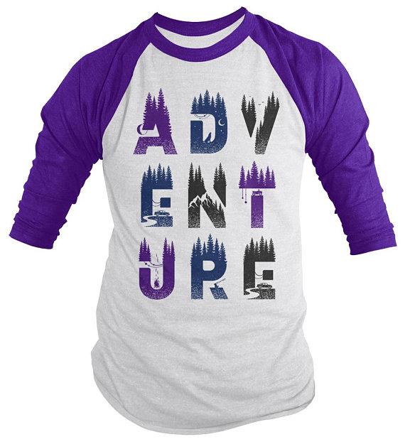 Men's Adventure Raglan Typography Camping Shirt Explore Tee Double Exposure 3/4 Sleeve-Shirts By Sarah