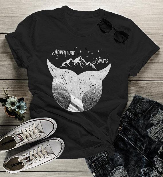 Women's Whale Hipster T Shirt Mountains Shirt Birds Wanderlust Adventure Awaits Graphic Tee-Shirts By Sarah