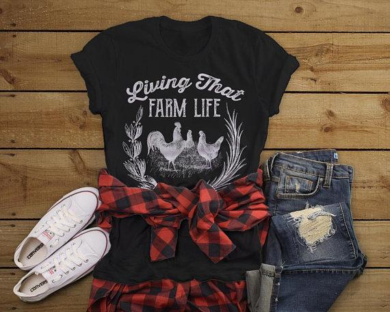 Women's Vintage Farm T-Shirt Living That Life Farming Chicken Shirt Chickens Tee-Shirts By Sarah