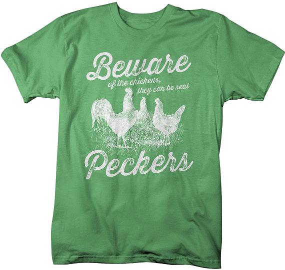 Men's Funny Vintage Chicken T-Shirt Beware Chickens Peckers Shirt Farming Tee-Shirts By Sarah