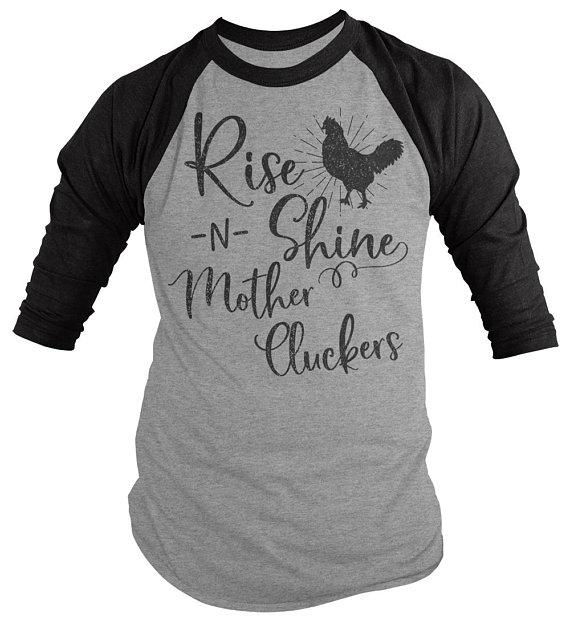 Men's Funny Vintage Chicken Raglan Rise Shine Mother Cluckers Shirt Farming 3/4 Sleeve-Shirts By Sarah