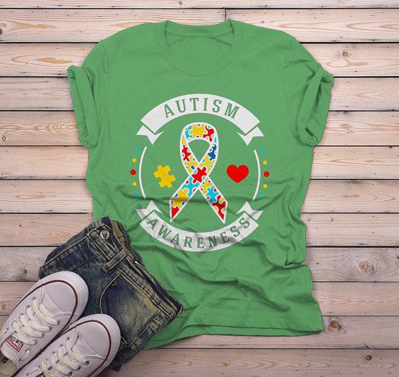Men's Autism Awareness Shirt Puzzle Ribbon Autism Shirt Heart Support Tee-Shirts By Sarah