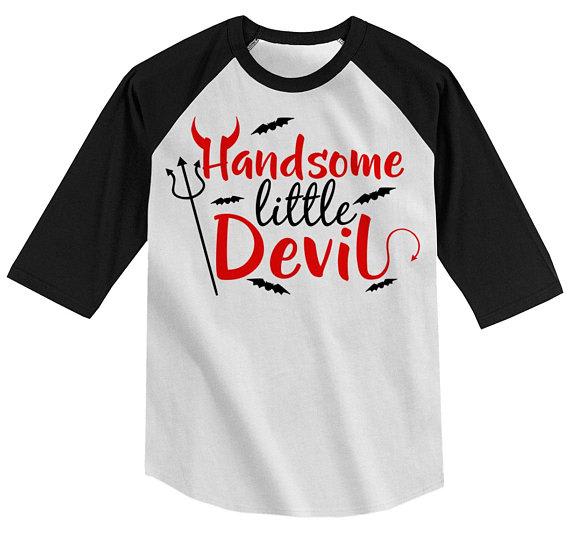 Boy's Funny Halloween T Shirt Handsome Little Devil Shirts 3/4 Sleeve Raglan Toddler Tee-Shirts By Sarah