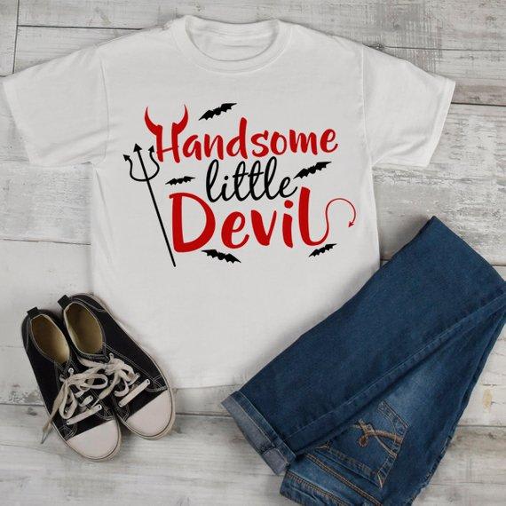 Boy's Funny Halloween T Shirt Handsome Little Devil Shirts Toddler Tee-Shirts By Sarah