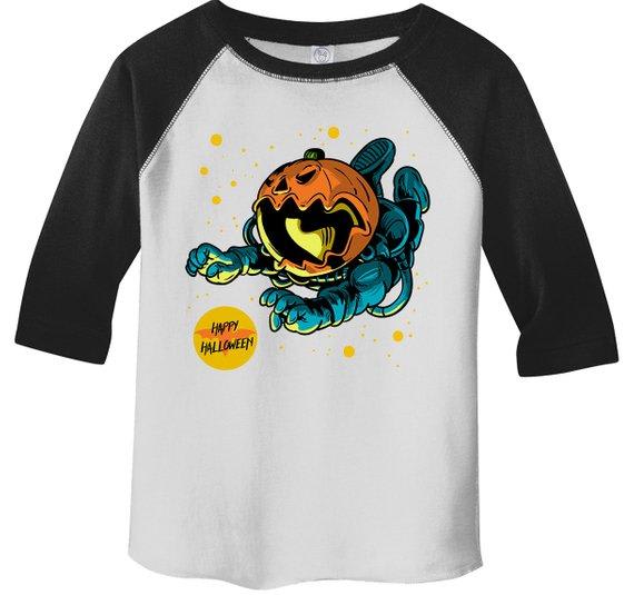 Boy's Halloween Shirt Astronaut Pumpkin Graphic Tee Happy Halloween Shirts 3/4 Sleeve Raglan Toddler-Shirts By Sarah