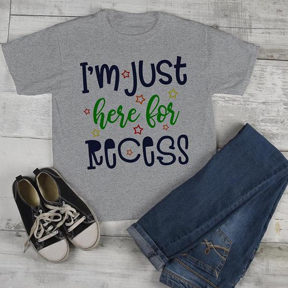 Kids Funny School T Shirt Here For Recess Shirts Boy's Girls Back To School Tee-Shirts By Sarah