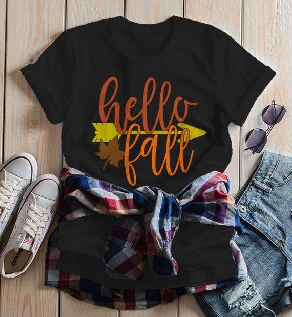 Women's Hello Fall T Shirt Leaf Arrow Shirts Thanksgiving Tee Graphic Season Tshirt-Shirts By Sarah