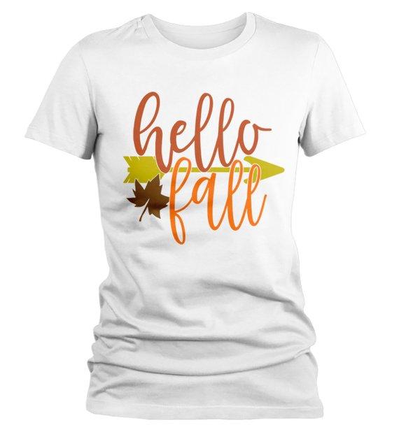 Women's Hello Fall T Shirt Leaf Arrow Shirts Thanksgiving Tee Graphic Season Tshirt-Shirts By Sarah