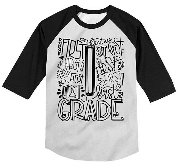 Boy's Cute 1st Grade T Shirt Typography Cool Raglan 3/4 Sleeve Boy's Girl's Grade 1 First Back To School TShirt-Shirts By Sarah