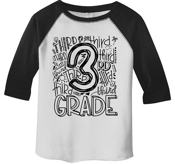 Boy's Cute 3rd Grade T Shirt Typography Cool Raglan 3/4 Sleeve Boy's Girl's Grade 3 Third Back To School TShirt-Shirts By Sarah