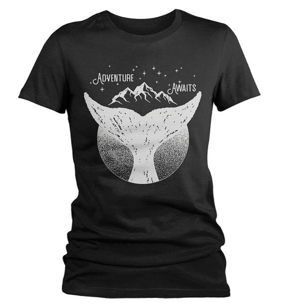 Women's Whale Hipster T Shirt Mountains Shirt Birds Wanderlust Adventure Awaits Graphic Tee-Shirts By Sarah