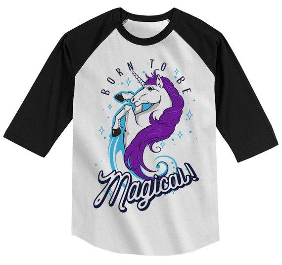 Boy's Magical Unicorn Raglan Born To Be Graphic Tee Magic Inspiring Shirt 3/4 Sleeve-Shirts By Sarah