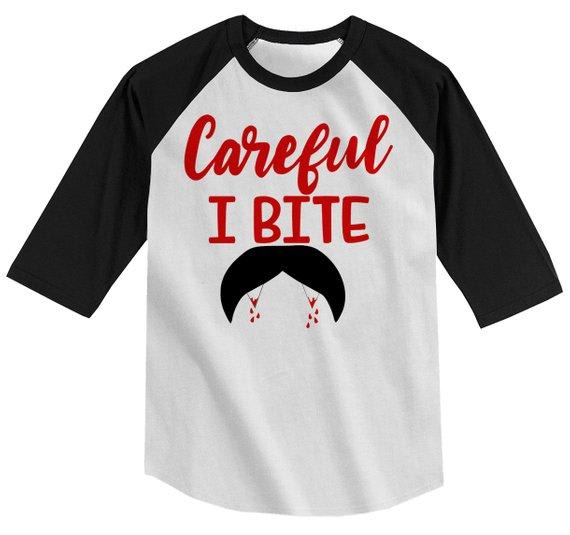 Boy's Funny Halloween T Shirt Careful I Bite Vampire Shirts 3/4 Sleeve Raglan Toddler Tee-Shirts By Sarah