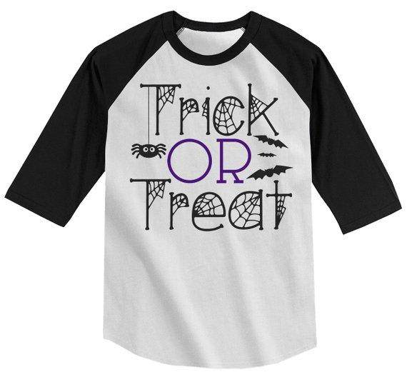 Boy's Funny Halloween Shirt Trick Or Treat Graphic Tee Cool Matching Shirts 3/4 Sleeve Raglan Toddler Girl's-Shirts By Sarah