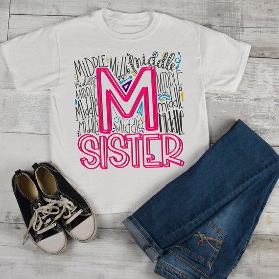 Girl's Middle Sister T Shirt Typography Tee Matching Sibling Shirts Cute Tees Baby Announcement Shirt-Shirts By Sarah