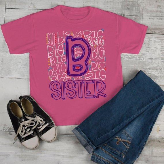 Girl's Big Sister T Shirt Typography Tee Matching Sibling Shirts Cute Tees Baby Announcement Shirt-Shirts By Sarah