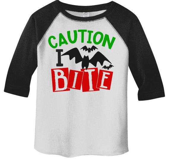 Boy's Funny Halloween Shirt Caution I Bite Bat Toddler Shirts Adorable Halloween Top 3/4 Sleeve Raglan-Shirts By Sarah