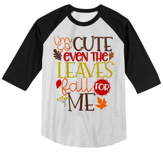 Boy's Cute Fall Shirt Even Leaves Fall For Me Girl's Raglan 3/4 Sleeve Season Shirts Adorable TShirt-Shirts By Sarah