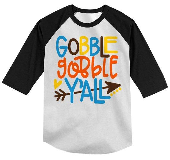 Boy's Thanksgiving Shirt Gobble Gobble Y'all Tee Colorful Turkey Day Shirts 3/4 Sleeve Raglan Toddler Girl's-Shirts By Sarah