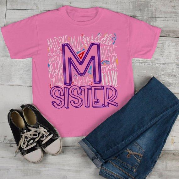 Girl's Middle Sister T Shirt Typography Tee Matching Sibling Shirts Cute Tees Baby Announcement Shirt-Shirts By Sarah