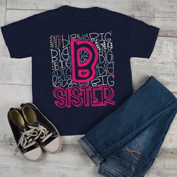 Girl's Big Sister T Shirt Typography Tee Matching Sibling Shirts Cute Tees Baby Announcement Shirt-Shirts By Sarah