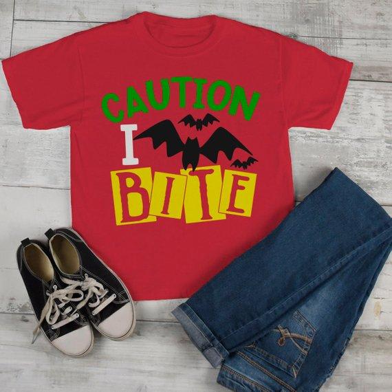 Boy's Funny Halloween T Shirt Caution I Bite Bat Toddler Shirts Adorable Halloween Tee-Shirts By Sarah