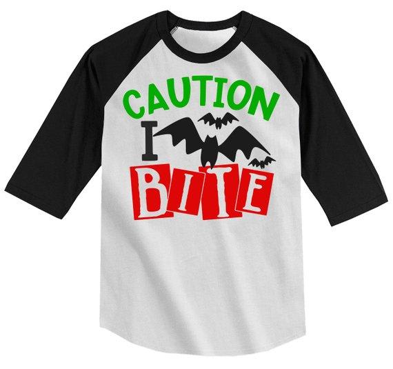 Boy's Funny Halloween Shirt Caution I Bite Bat Toddler Shirts Adorable Halloween Top 3/4 Sleeve Raglan-Shirts By Sarah