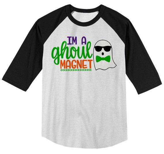 Boy's Funny Halloween Shirt Ghoul Magnet Ghost Toddler Shirts Adorable Halloween Top 3/4 Sleeve Raglan-Shirts By Sarah