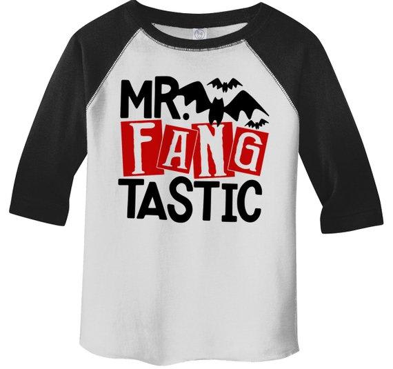 Boy's Funny Halloween Shirt Mr. Fang Tastic Vampire Toddler Shirts Adorable Halloween Top 3/4 Sleeve Raglan-Shirts By Sarah