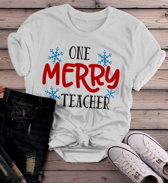 Women's Teacher Outfit Christmas TShirt Merry Teacher Shirt Snowflake Tee Winter Shirts Xmas-Shirts By Sarah