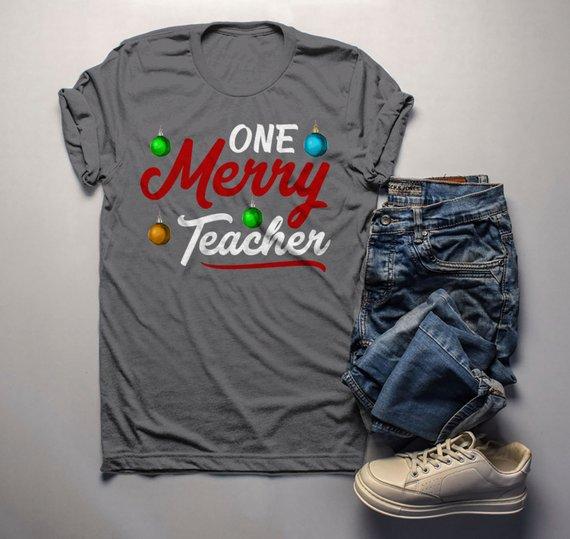 Men's Teacher Shirt Christmas TShirt Merry Teacher Outfit Ornament Tee Winter Shirts Xmas-Shirts By Sarah