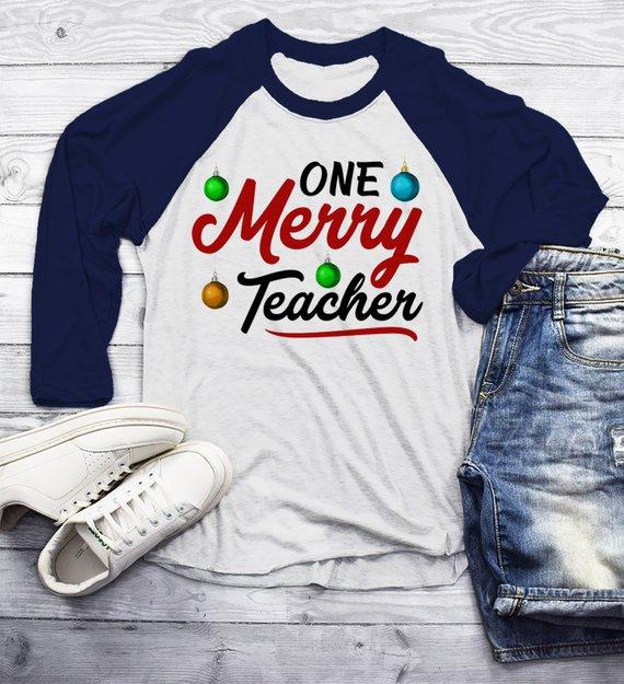 Men's Teacher Shirt Christmas TShirt Merry Teacher Outfit Ornament Tee Winter Shirts Xmas 3/4 Sleeve Raglan-Shirts By Sarah