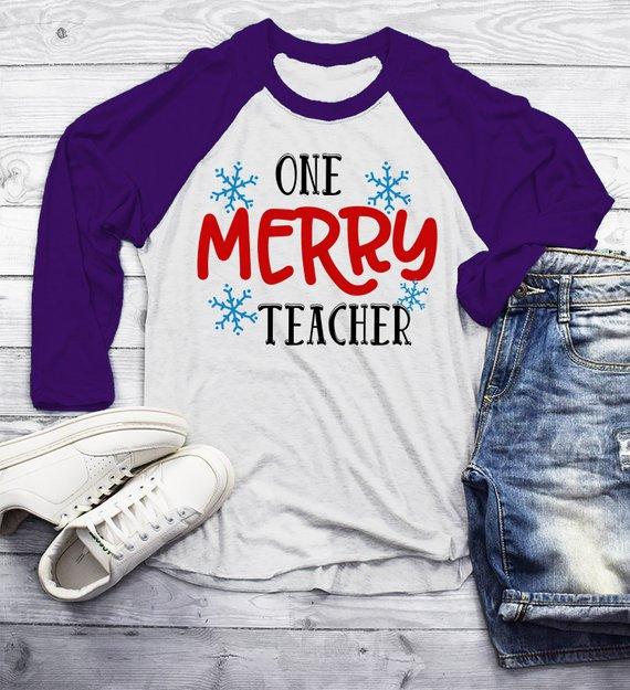 Men's Teacher Outfit Christmas TShirt Merry Teacher Shirt Snowflake Tee Winter Shirts Xmas 3/4 Sleeve Raglan-Shirts By Sarah
