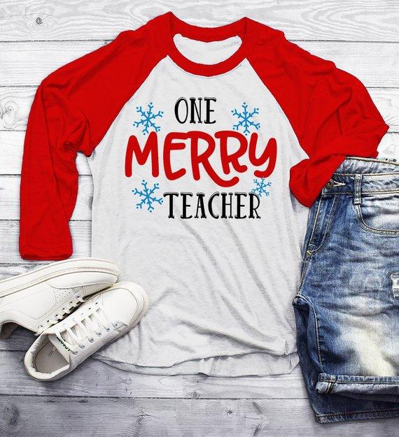 Men's Teacher Outfit Christmas TShirt Merry Teacher Shirt Snowflake Tee Winter Shirts Xmas 3/4 Sleeve Raglan-Shirts By Sarah