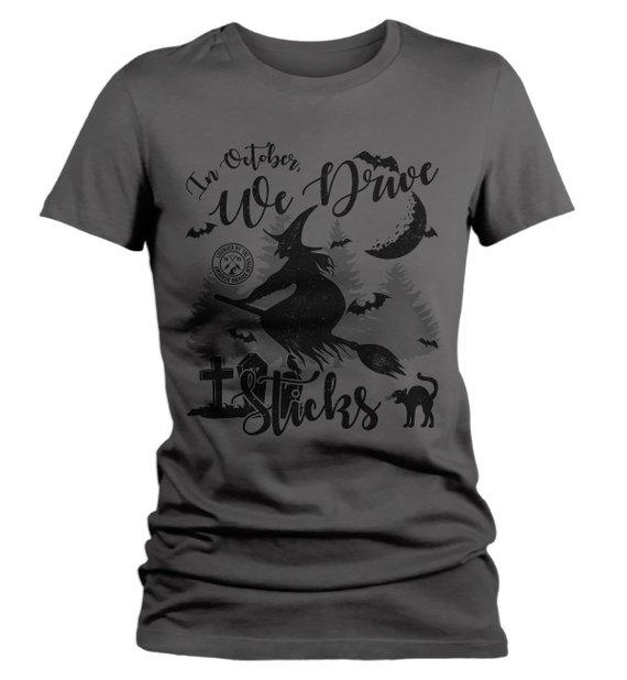 Women's Witch Shirt Halloween T Shirt In October Drive Stick Broom Graphic Tee Funny-Shirts By Sarah