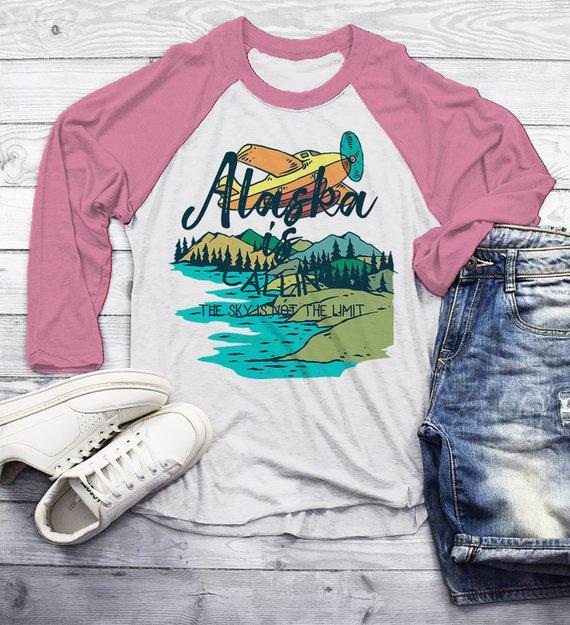 Men's Alaska Shirt Vintage Shirts Calling Sky Not Limit Travel Graphic Tee Hipster Shirts 3/4 Sleeve Raglan-Shirts By Sarah