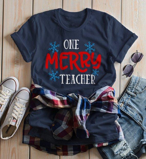 Women's Teacher Outfit Christmas TShirt Merry Teacher Shirt Snowflake Tee Winter Shirts Xmas-Shirts By Sarah