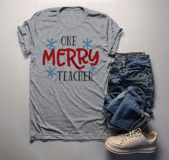 Men's Teacher Outfit Christmas TShirt Merry Teacher Shirt Snowflake Tee Winter Shirts Xmas-Shirts By Sarah