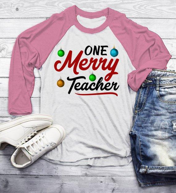 Men's Teacher Shirt Christmas TShirt Merry Teacher Outfit Ornament Tee Winter Shirts Xmas 3/4 Sleeve Raglan-Shirts By Sarah