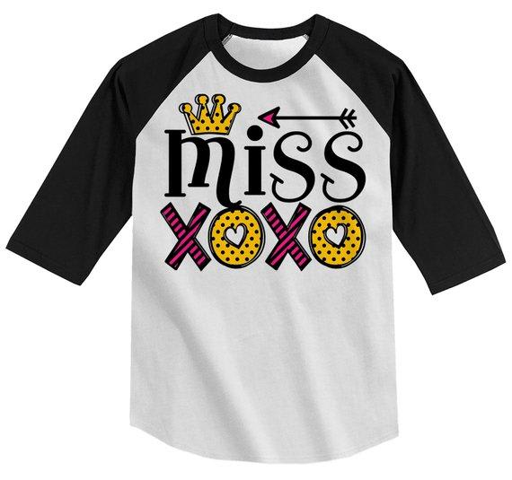 Girl's Valentine's Day T Shirt Little Miss XOXO Shirts Cute Adorable Valentine Tshirt Toddler Tee 3/4 Sleeve Raglan-Shirts By Sarah