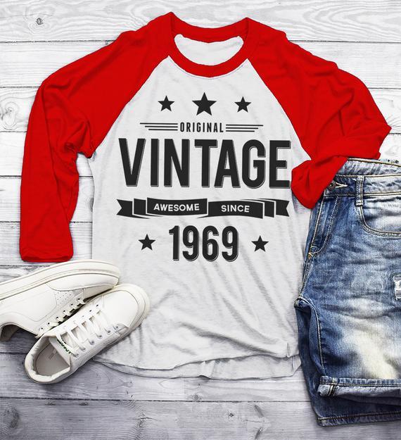 Men's 50th Birthday T Shirt Original Vintage Shirt Awesome Since 1969 Gift Idea 50th Birthday Shirts Vintage Shirt 3/4 Sleeve Raglan-Shirts By Sarah
